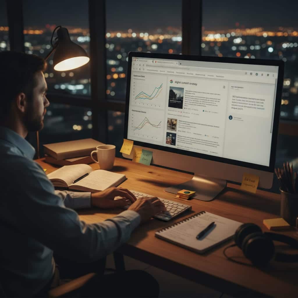 - פרסום ישראל Person working at a desk at night, looking at a monitor filled with charts and article feeds, with a notebook and coffee nearby