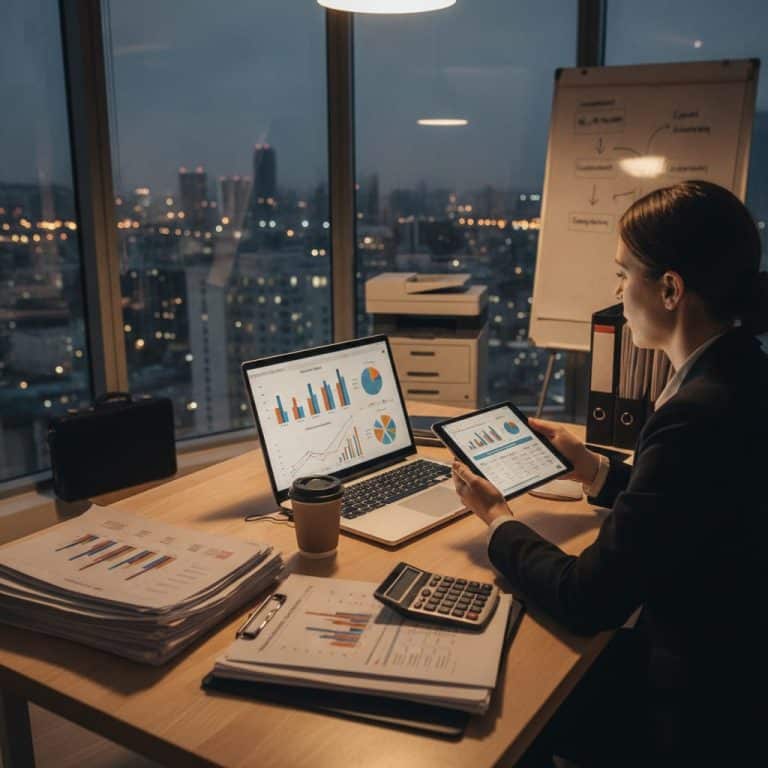 Professional working with charts on a laptop and tablet in a night-time office overlooking city lights on the windowed wall.