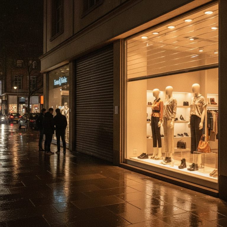 Night street scene with a clothing store window display illuminated by warm light; three mannequins showcase outfits and accessories inside the store.