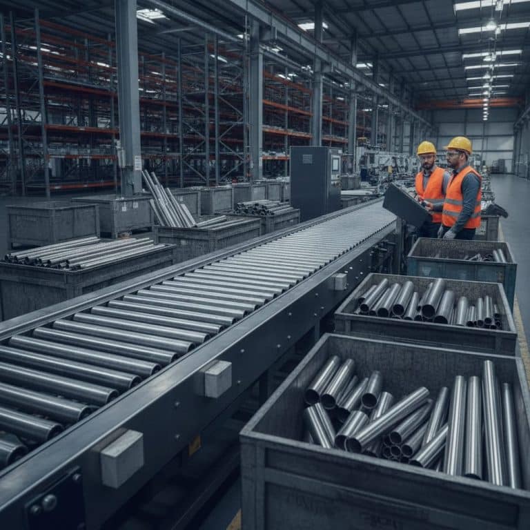 Two workers in orange vests and yellow hard hats stand by a metal pipe conveyor in a large industrial warehouse, inspecting a control panel.”] ,