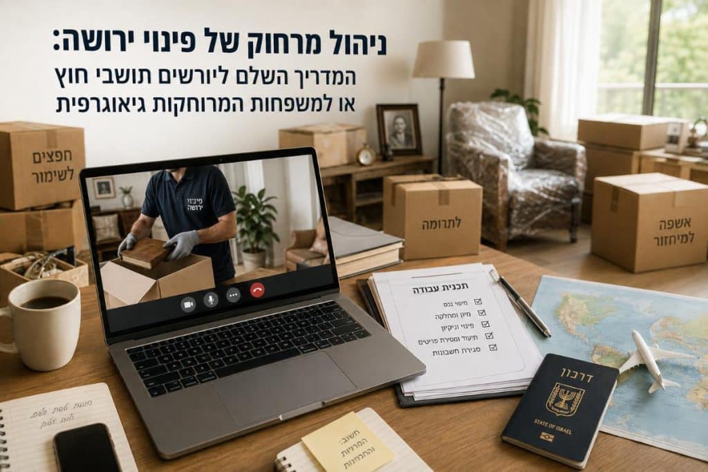 - פרסום ישראל Home office scene with moving boxes and a laptop on screen showing a mover packing a box; a map, passport, and checklist are on the desk