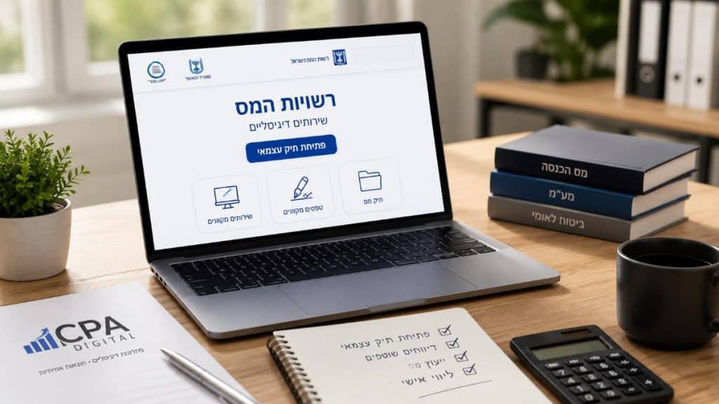 - פרסום ישראל Desk setup with a laptop displaying a Hebrew tax services site; CPA Digital logo on a notebook, tax books nearby, plant, mug, and calculator.