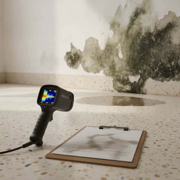 - פרסום ישראל Thermal imaging camera on a cord next to a clipboard with a damp wall and water damage in the background, on a speckled floor.