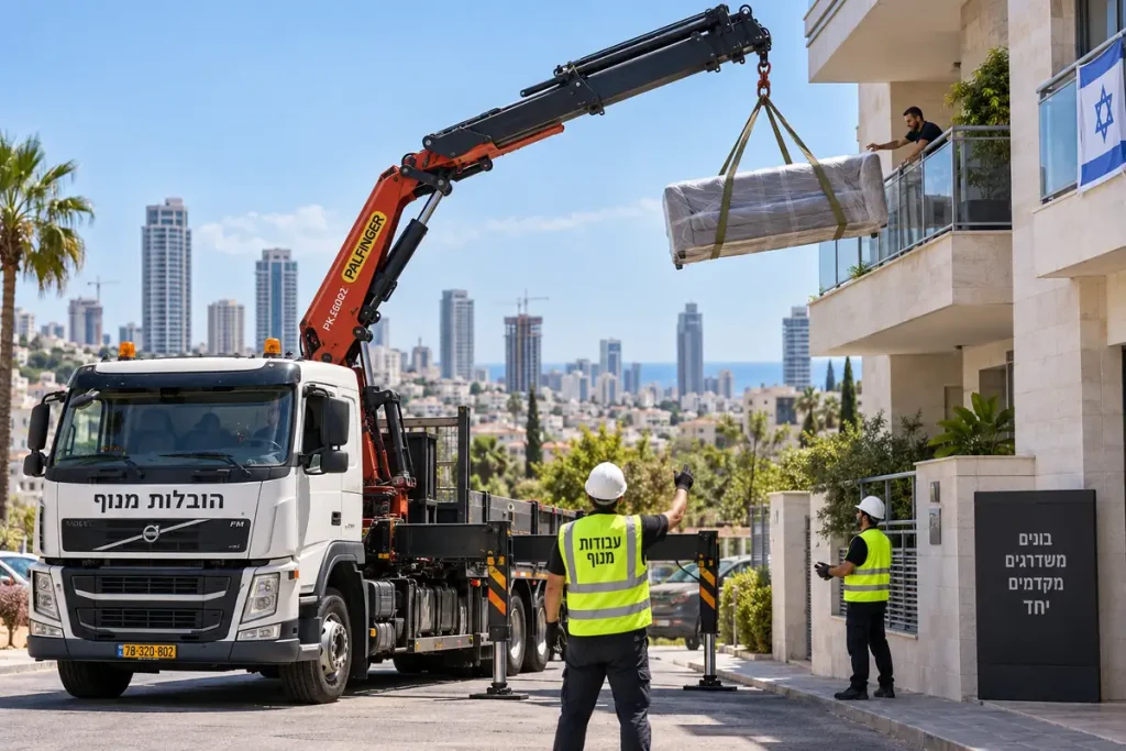 - פרסום ישראל Truck-mounted crane lifts a wrapped sofa to a balcony of a beige apartment building; workers in reflective vests supervise, with an Israeli flag visible.