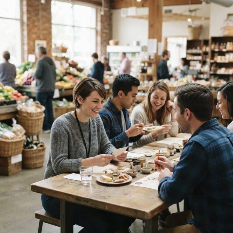 Group of friends sharing a meal at a rustic market cafe, smiling and chatting around a wooden table.