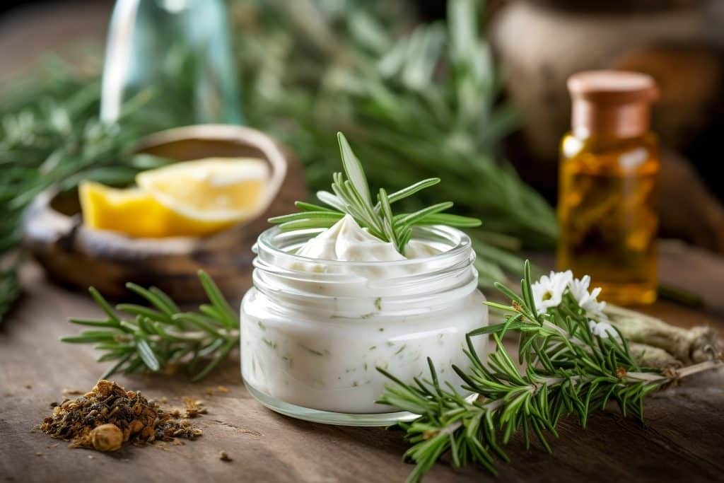 - פרסום ישראל Jar of creamy herb dip topped with a rosemary sprig, surrounded by fresh rosemary and blurred lemon and oil in the background.