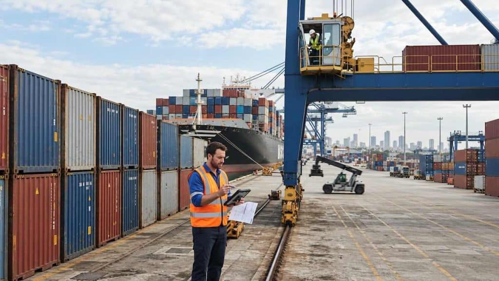 - פרסום ישראל Port worker in an orange safety vest examines papers and a tablet among stacked shipping containers and a large crane overhead.