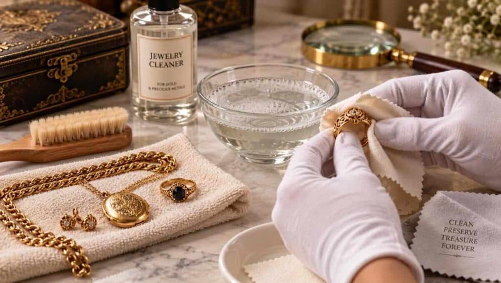 - פרסום ישראל Gloved hands polish a gold ring with a cloth, surrounded by jewelry and a bottle labeled Jewelry Cleaner on a marble surface.