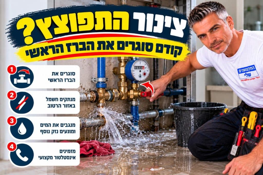 - פרסום ישראל Plumber crouching beside leaking pipes with four Hebrew step-by-step tips about turning off the main water, electrical shutoff, stopping leaks, and contacting professionals.